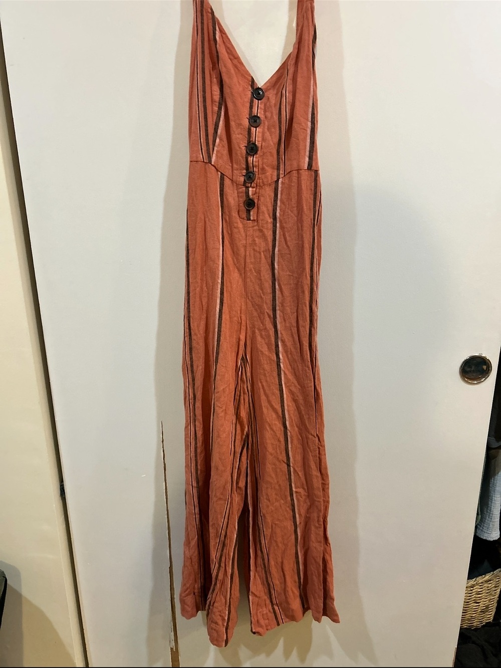 Urban Outfitters Rust-Striped Button-Front Wide-Leg Jumpsuit